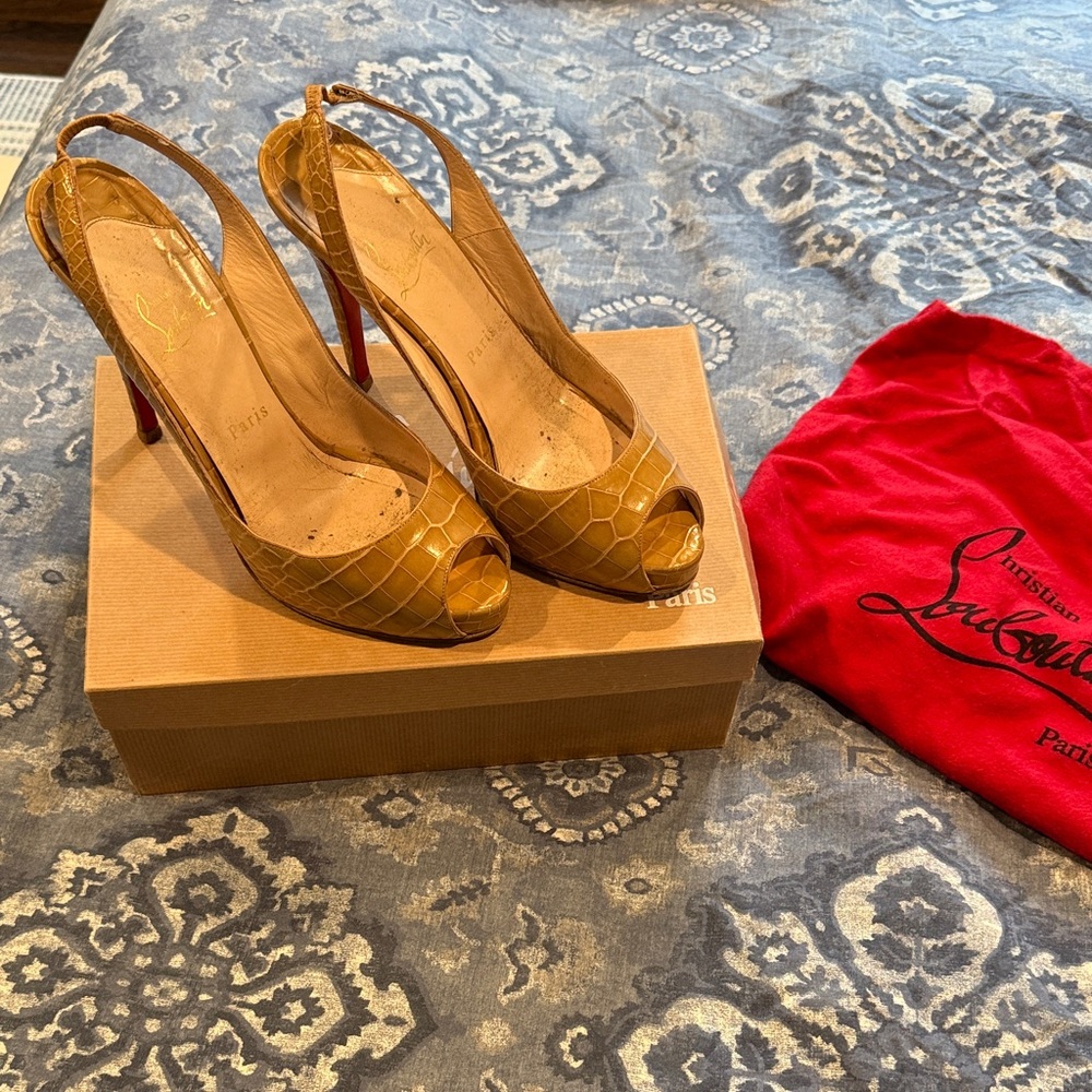 Christian Louboutin Tan Croc-Embossed Slingback Heels